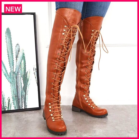Flat Knee High Boots Lace Up Riding Boots PU Leather 22.4" Shaft - Picture 7 of 8